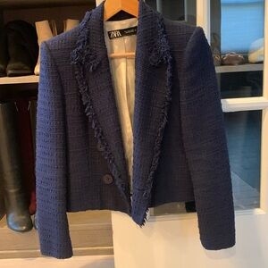 Zara Blue Tweed Cropped Blazer Size Small